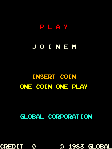 The title screen displays 'PLAY' in red text at the top, followed by 'JOINÉM' in white letters. Below that, yellow text reads 'INSERT COIN' and 'ONE COIN ONE PLAY'. The developer credit 'GLOBAL CORPORATION' appears in cyan text. At the bottom left, white text shows 'CREDIT 0' and a copyright notice reading '© 1983 GLOBAL' in white. The background is solid black with simple pixelated typography typical of early 1980s arcade games.