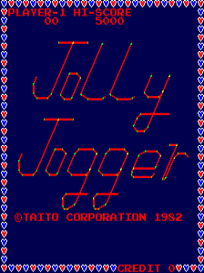 The title screen displays 'JOLLY JOGGER' in large red outline letters against a dark blue background. Below the title, white text reads 'TAITO CORPORATION 1982'. The entire screen is framed by a decorative border of repeating red and blue geometric shapes. At the bottom right, a red copyright notice appears partially visible. The typography uses a thick outline style characteristic of early 1980s arcade games.