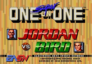 The title screen displays 'One on One' in large white letters at the top with a blue 'Street' graphic overlay. Below, two player portraits flank a versus symbol: Michael Jordan's red-tinted face on the left and Larry Bird's orange-tinted face on the right. Their names appear in bold colored text—Jordan in red, Bird in green. At the bottom, the Electronic Arts logo, a copyright line, and game information are printed in small white text against a vertically striped tan and orange background. The overall layout uses a 16-bit sprite aesthetic typical of early 1990s Sega Genesis releases.