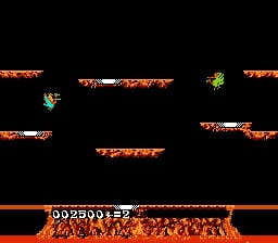 A pixelated game screen displays an 8-bit platformer view with a player character sprite in the lower portion of the screen, orange/flame-like decorative elements across multiple horizontal platforms distributed throughout the black background, a green enemy sprite visible in the upper-right area, and a score readout at the bottom showing "0092800=2" in white pixelated text. The overall visual style uses limited colors with orange, green, white, and black dominating the palette.