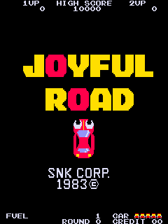 The title screen displays "JOYFUL ROAD" in large yellow and red pixelated letters centered on a black background. Below the title sits a small magenta and pink sprite of a car viewed from above. SNK CORP. and "1983©" appear in white text beneath the vehicle. The top of the screen shows "1UP", "HIGH SCORE 10000", and "2UP" in white text, with "FUEL" and game mode information at the bottom in white lettering.