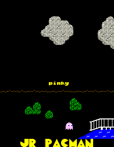 The title screen displays 'JR PACMAN' in yellow pixelated text at the bottom left, with a small pink Pac-Man sprite visible to its right. Above the title, three green ghosts of varying sizes are scattered across the lower-center area. Two cloud-like formations appear in the top portion against a black background. A blue horizontal line with white vertical segments, resembling a bridge or platform, sits in the lower-right corner. The yellow text 'pinky' appears centered above the main title area.