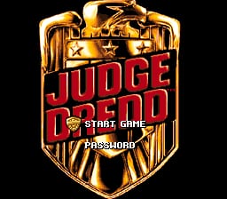 A large golden shield emblem dominates the center of a black background, featuring a stylized eagle at the top. Bold red text reading 'JUDGE DREDD' overlays the shield, with smaller white text below reading 'Start Game' and 'Password'. The shield uses metallic gold coloring with darker shading to create depth, rendered in 16-bit SNES sprite graphics with clear pixel edges typical of mid-1990s console art.