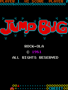 The title screen displays 'JUMP BUG' in large red pixelated letters with blue dripping effects below. At the top, a cyan score display reads 'PLAYER 1' on the left and 'PLAYER 2' on the right with zeroed scores. Below the title, white text shows 'ROCK-OLA © 1981 ALL RIGHTS RESERVED'. At the bottom, a simple dot-based score counter shows '0 0 4' in cyan and yellow dots against the black background.