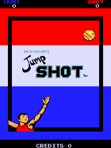 The title screen displays a horizontal red-white-and-blue tricolor stripe background. At the top center, a small yellow basketball appears in the red section. Below, white text reads "BALLY MIDWAY'S" with "Jump SHOT" in large green and black lettering in the white section. In the lower blue section, a pixel-art figure with yellow skin and red clothing raises one arm upward in a jumping pose. At the screen bottom, gray text reads "CREDITS 0".