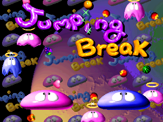 The title screen displays "Break" in large yellow text centered on a purple gradient background. Pink and blue rounded UFO-shaped objects sit in the foreground, surrounded by floating colorful spheres in orange, yellow, and purple. Small white ghost-like characters with simple features appear scattered throughout the scene. Multiple pink UFOs occupy the upper portion of the screen, with additional orange and yellow orbs hovering above. The overall composition uses bright neon colors against the darker purple backdrop, creating a cheerful, space-themed visual aesthetic typical of late-1990s arcade graphics.