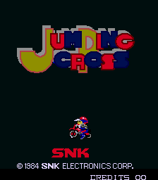 The title screen displays 'Jumping Cross' in large blocky pixel letters rendered in red, yellow, and blue across the upper portion against a dark background. Below the title, a small sprite character with red coloring stands centered on the screen. At the bottom, the SNK logo appears in red text, followed by copyright information reading '© 1984 SNK ELECTRONICS CORP.' and 'CREDITS 00' in white text on a black bar.