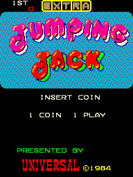 The title screen displays large red block-letter text spelling 'JUMPING JACK' centered against a light blue diagonal-line pattern background. Above the title, a yellow rounded rectangle labeled 'I ST' appears in the upper left. Below the title, white text reads 'INSERT COIN' followed by two options: '1 COIN 1 PLAY'. At the bottom, green text states 'PRESENTED BY' with 'UNIVERSAL' in red letters and '©1984' noted to the right. The overall layout uses a simple arcade cabinet aesthetic with primary colors on a pixelated background.