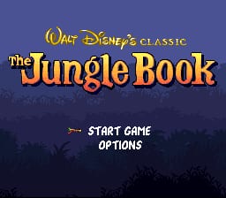 The title screen displays 'Walt Disney's Classic' in gold text at the top, followed by 'The Jungle Book' in large yellow lettering against a dark blue nighttime jungle background with silhouetted foliage. Below the title, white text options read 'START GAME' and 'OPTIONS' centered on screen. The overall color palette uses purples, blues, and yellows typical of early 1990s SNES graphics with low-resolution sprite-based presentation.