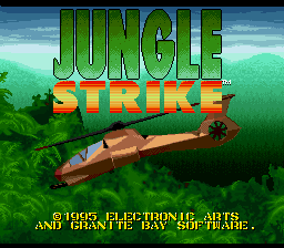 The title screen displays "JUNGLE STRIKE" in large green and orange letters at the top center, with a brown military helicopter positioned horizontally in the middle against a layered background of sky, green foliage, and jungle vegetation. Below the helicopter, white text lists controls: "QUICK SELECTION AND PAUSE THE FIRE, AND HOLD THE BUTTON TO PREPARE." The graphics use a 16-bit color palette typical of Game Boy hardware, with pixelated sprites and limited color depth characteristic of mid-1990s handheld gaming.