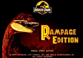 The title screen displays a large red dinosaur head with bared teeth in the center-left, its face illuminated in warm orange and yellow tones against a black background. The Jurassic Park logo with its distinctive amber mosquito symbol sits centered at the top in gold. Bold yellow text reading 'RAMPAGE EDITION' appears to the right of the dinosaur's head. Below, white text reads 'PRESS START BUTTON' with copyright information for Universal City Studios and Sega printed underneath. The pixel art style is typical of early-1990s Sega Genesis graphics.