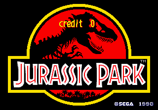 The Jurassic Park arcade title screen features a large circular emblem with a yellow and red border containing a silhouetted dinosaur head against a red background. Below the emblem, the title "JURASSIC PARK" appears in thick white letters with a yellow outline and black drop shadow, framed within a yellow rectangular banner. The word "credit 0" is visible in red text at the top of the emblem. A copyright notice reading "©SEGA 1988" appears in white text at the bottom right corner against the black background.