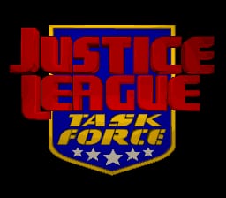 The title screen displays "JUSTICE LEAGUE" in large red pixelated letters at the top, with "TASK FORCE" in yellow text below. A blue and gold shield emblem featuring five white stars is centered beneath the text. The background is solid black, emphasizing the bold red, yellow, and blue color scheme typical of SNES-era graphics. All text and graphics are rendered in low-resolution sprites characteristic of 16-bit console hardware.