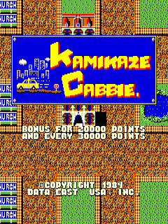 The title screen displays 'Kamikaze Cabbie' in large yellow pixelated letters centered on a blue band, with a small yellow taxi sprite to the left of the text. Below the title, white text reads 'BONUS FOR GOOD DRIVING AND EVERY 5000 POINTS'. The background alternates between brown tiled sections and green grass areas in a checkerboard pattern. Copyright information for Data East Corporation 1984 appears at the bottom in white text on the brown tile section. The overall palette consists of bright primary colors typical of 1984 arcade game graphics.