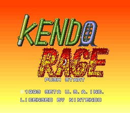 The title screen displays 'KENDO RAGE' in large green and red pixelated text against an orange-to-yellow gradient background. Below the title, 'FIGHT SPIRIT' appears in smaller red text. At the bottom, white text reads '1993 SETA U.S.A. INC.' and 'LICENSED BY NINTENDO', indicating publisher and licensing information. The overall composition uses SNES-era sprite graphics with a warm color palette typical of early 1990s arcade-style fighting games.