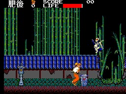 A samurai warrior in white clothing stands on a gray stone platform in the center-left of the screen, facing right toward tall green cacti or bamboo structures. Orange enemies or creatures appear in the lower portion, while blue water or terrain fills the middle ground. The top of the screen displays Japanese text on the left, a red health bar in the center, and a score counter on the right. The pixel art uses a limited color palette typical of 8-bit hardware, with green vertical structures dominating the background and brown rocky platforms in the foreground.
