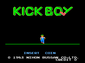 The title screen displays "KICK BOY" in large bright green pixelated letters at the top. Below, a small blue and yellow pixel sprite of a boy character stands on a thin green horizontal line against a black background. At the bottom, white text reads "INSERT COIN" centered, with copyright information "© 1993 NIHON BUSSAN CO.,LTD." and "ALL RIGHTS RESERVED" in smaller text. The overall aesthetic is characteristic of early 1980s arcade graphics with limited color palette and low sprite resolution.