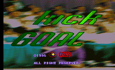 The title screen displays "KICK GOAL" in large green italicized letters centered on screen against a background with brown and purple tones and horizontal scan lines typical of arcade hardware. Below the title sits a copyright notice reading "©1995" with a small developer logo, followed by "ALL RIGHT RESEVED." in magenta text. The overall image exhibits the characteristic pixelation and color artifacting of mid-1990s arcade graphics with visible interlacing effects.