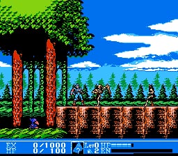 A pixel art scene displays a character standing on a brick platform in the foreground, with large red pillar structures framing a verdant background of green foliage and coniferous trees. A bright blue sky with white clouds fills the upper portion. At the bottom, a blue HUD bar contains score information and gameplay data. The sprite style uses limited palette colors typical of 8-bit NES graphics, with distinct parallax layering between foreground architecture, mid-ground vegetation, and distant scenery.