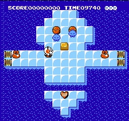 A cross-shaped ice block puzzle layout fills the center of the screen against a blue pixelated background. Two player characters stand on the upper platform, while enemies—including brown spherical creatures and a red character—are positioned across the horizontal and vertical ice block corridors. The score displays 00000000 and time shows 9740 at the top in white text. Yellow bomb or power-up icons appear in the left and right corners of the screen, rendered in 8-bit NES sprite style.