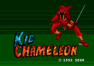The title screen displays a red character in a martial arts pose on the right side, wielding a sword. The game title "KID CHAMELEON" appears in large pixelated letters in cyan and red on the left, with a ™ symbol. Below the title sits a 1992 SEGA copyright notice. The background is a solid dark green with horizontal scanlines, typical of early Sega Genesis era graphics.