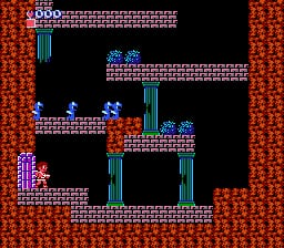 A blue winged character stands on a brick platform in the center-left area of a vertical stage layout. Red and brown brick platforms form a complex maze-like structure against a black background. Cyan-colored vertical pipes and support beams are scattered throughout. Small blue enemy sprites are visible on upper platforms. A red brick wall with ornate detailing frames the entire scene. The UI shows a score display "000" in the top-left corner with health or status indicators nearby, rendered in low-resolution NES-era 8-bit pixel art.