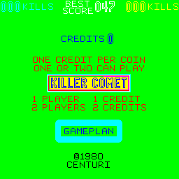 A bright neon-green arcade title screen displays "KILLER COMET" in large red and white pixel lettering at center. Above the title, cyan text shows score information and kill count. Red text lists game credits and licensing details. A cyan rectangular button labeled "GAMEPLAN" sits below the title, with "MICRO CENTURI" text at the bottom. The entire display uses a simple two-color pixel art style against the solid green background, typical of early 1980s arcade cabinet graphics.