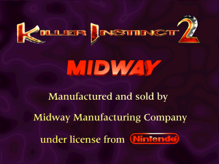 The Killer Instinct 2 arcade title screen displays the golden logo at the top against a purple textured background. Below, red text reads "MIDWAY" followed by white text stating "Manufactured and sold by Midway Manufacturing Company under license from" with the Nintendo logo in red. The layout centers all text elements vertically on a dark purple gradient backdrop with subtle flame-like patterns.