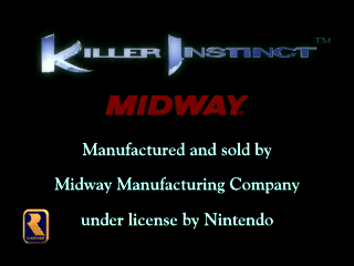 The Killer Instinct title screen displays the logo in blue metallic lettering at the top, with "MIDWAY" in red text below it. White text underneath states "Manufactured and sold by Midway Manufacturing Company under license by Nintendo." A small Midway arcade cabinet icon appears in the lower left corner. The background is black with a dark blue gradient effect.