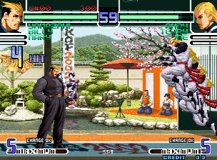 A fighting game match displays two characters facing each other in a Japanese garden setting with a red umbrella, stone lantern, and landscaped background. The left character wears a dark suit, while the right character is in purple armor. Health bars appear at the top in red and green, with a match timer showing 59 seconds in the center. The lower interface shows character names, round number, and remaining time. Pixel-art sprites with high resolution detail populate the scene against a parallax-scrolling background.