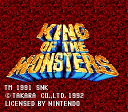 The title screen displays "King of the Monsters" in large yellow and blue pixelated letters against a dark red damask pattern background. Below the title, white text reads "TH 1991 SNK © TAKARA CO.,LTD. 1992" and "LICENSED BY NINTENDO", indicating the game's developer, publisher, and licensing information.