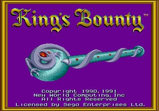 The title screen displays "King's Bounty" in large yellow serif text centered against a purple background. Below the title floats a stylized creature resembling a serpentine dragon or magical staff with a gray head featuring red eyes and a green undulating body. The lower portion contains copyright text reading "Copyright 1990, 1991 All Rights Reserved" and "Licensed from SSI (Services) Ltd." in white text. The entire screen is framed with a gold and brown decorative border.