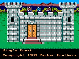 A castle entrance dominates the center of the screen, featuring gray stone walls with crenellations, two towers on either side, and a brown wooden door. Behind the castle, red mountains are visible against a blue sky. Green grass fills the lower portion. At the top, a white piano keyboard sprite appears twice in the corners, flanking the castle. Text at the bottom reads 'King's Quest' on the left and 'Copyright 1989 Parker Brothers' on the right, both in white text. The overall aesthetic uses bright, limited colors with blocky pixels characteristic of 1989 SMS graphics.