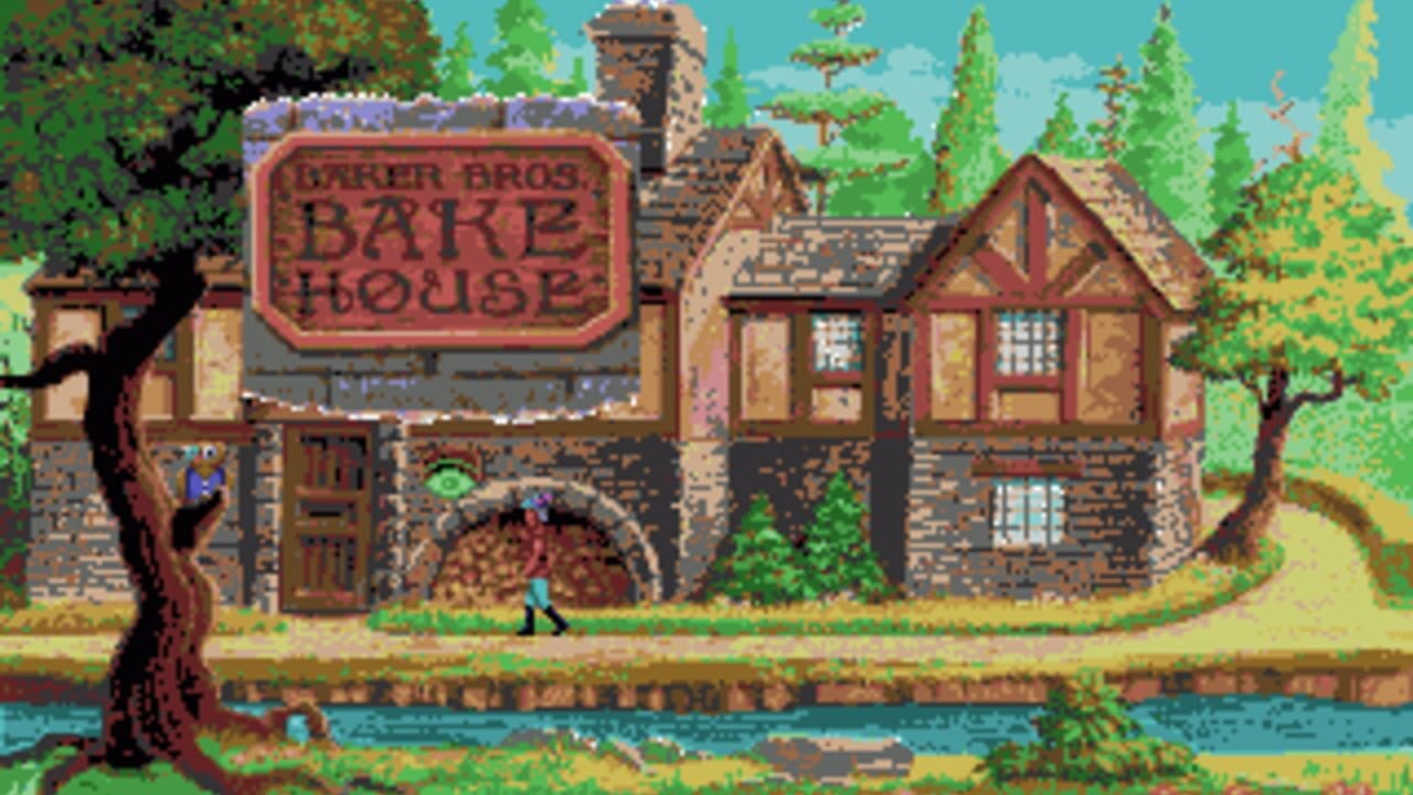 A medieval stone building with a red "Baker Bros. Bake House" sign stands beside a river, flanked by gnarled trees and coniferous forest. The structure features brown timber framing, tan stone walls, arched entrances, and multiple windows. A character figure stands on the grassy ground in front. The scene uses 16-bit pixel art with a bright turquoise sky, layered vegetation, and a brown brick riverbank in the foreground.