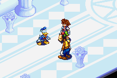 Two pixelated character sprites stand on a checkered blue and white floor in an isometric perspective view. The larger character on the right wears yellow and brown armor with a sword, while the smaller figure on the left is dressed in blue. Translucent purple crystalline structures float in the background and corners of the scene. The graphical style uses sprite-based characters typical of early 2000s Game Boy Advance games.