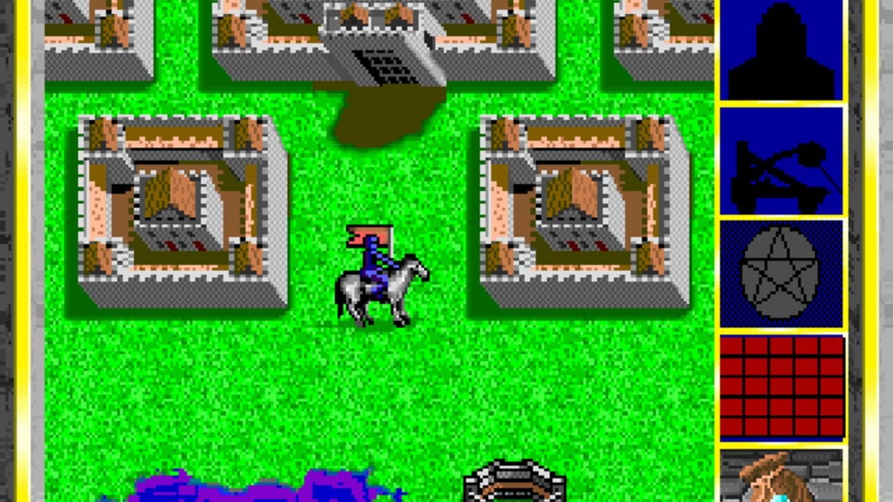 A top-down isometric view of a bright green outdoor area with two brown stone buildings positioned on the left and right sides. A small pixelated character on horseback wearing red and blue stands in the center of the grassy field. Purple creatures or UI elements appear at the bottom of the screen. The right edge displays a vertical panel with character silhouettes against a blue background in the upper section and a red grid pattern below. A brown-roofed structure with windows is visible at the very bottom right corner. The overall color palette emphasizes bright green grass with detailed 16-bit sprite graphics.