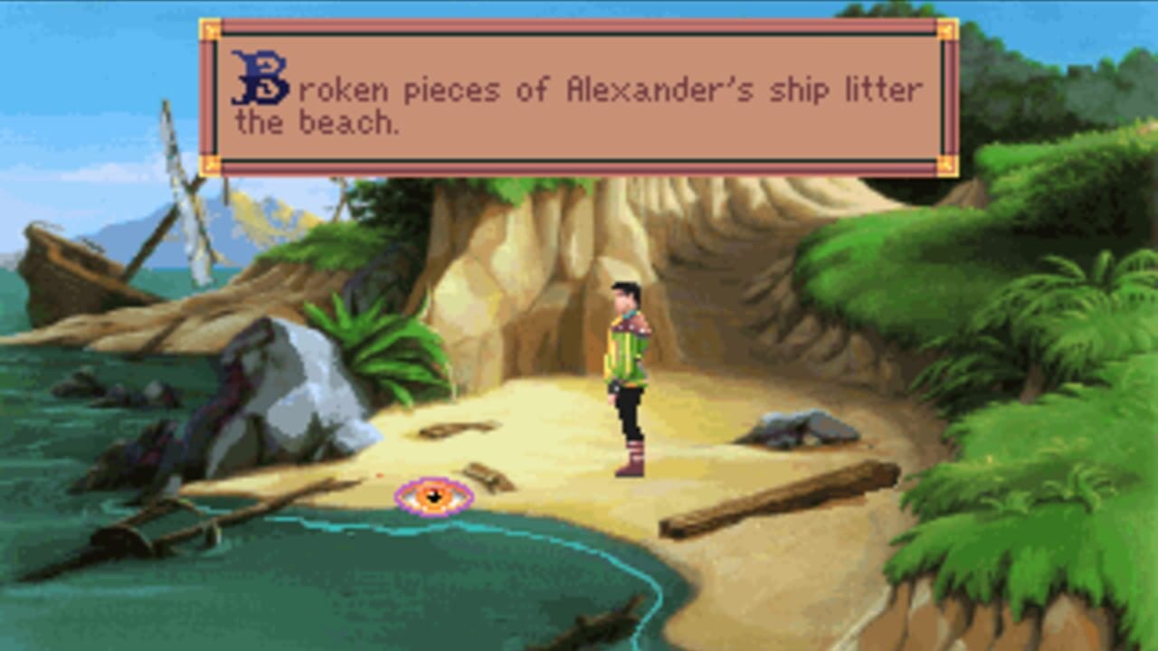 A beach scene displays a male character in colorful attire standing on sand between rocky outcroppings and palm vegetation. A wrecked wooden ship structure sits on the left near turquoise water. A pink eye-like sprite hovers in the lower center of the sandy area. A text box at the top reads 'Broken pieces of Alexander's ship litter the beach.' in serif font against a tan background with decorative borders. The environment uses 256-color palette with parallax layering of background cliffs and foreground foliage.