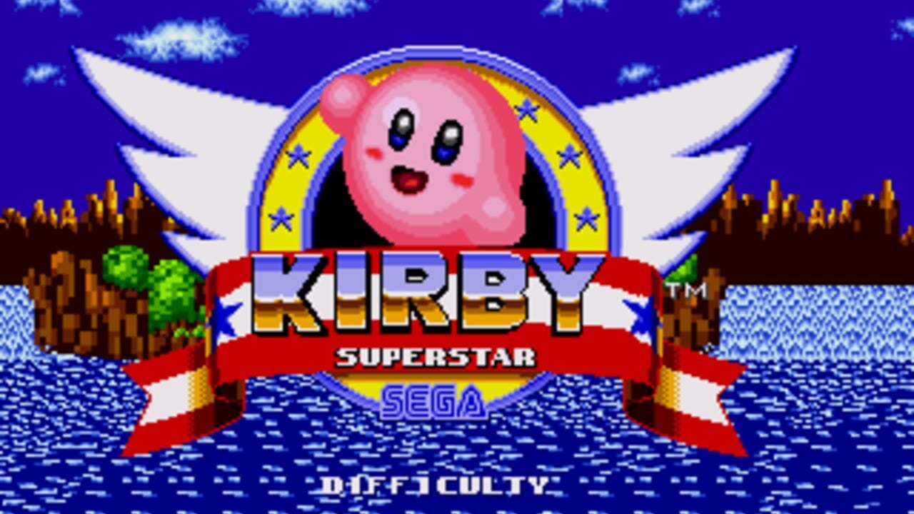 A title screen displays Kirby, a pink spherical character with large eyes and an open mouth, centered within an ornate blue-bordered frame decorated with yellow panels bearing blue stars. White angelic wings extend from the frame's sides. Below Kirby, a red banner contains the text "KIRBY SUPERSTAR" in bold letters with the registered trademark symbol. The SEGA logo appears on a yellow section beneath the banner. The background shows a blue sky with white clouds at the top, brown forest trees in the mid-ground on both sides, and a blue water texture at the bottom. "DIFFICULTY" text is visible at the bottom of the screen in a pixelated 16-bit art style typical of Sega Genesis games.