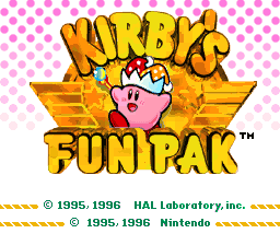 The title screen displays large yellow text spelling 'KIRBY'S FUN PAK' in a rounded, bold font. Kirby, a pink circular character with a white face and large eyes, is centered above the title, wearing a chef's hat and holding a fork and knife. Behind Kirby are two large golden stars positioned symmetrically. The background features a pink polka-dot pattern. Copyright text for HAL Laboratory and Nintendo appears at the bottom, both dated 1995-1996, with yellow and white striped decorative borders framing the copyright lines.