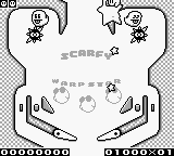 A monochrome Game Boy pinball table layout displays two flippers at the bottom and multiple bumpers scattered across the playfield. Kirby appears as a small sprite in the upper-left area. The screen shows score readouts at the top with numerical displays, and various circular and rectangular bumper targets arranged throughout the center play area. The interface includes UI elements typical of pinball games, with a checkered border pattern visible along the bottom edge of the screen.