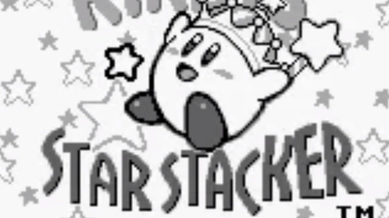 Kirby, a white rounded character with a black outline, appears in the center with his arms raised upward. The title 'STAR STACKER' is displayed in large gray pixelated text at the bottom. Stars of varying sizes and shades of gray and white are scattered across a light background, with some partially visible at the edges and top of the screen. The overall presentation uses a monochrome Game Boy color palette with simple geometric shapes.