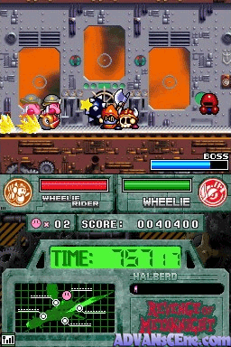 A Nintendo DS screenshot displays a side-scrolling level with orange rectangular platforms and small colorful character sprites in the center. The HUD shows health bars for two players in red and green at the top, a score counter reading 0,040,000, and a timer displaying 12:11. The bottom half contains a minimap with grid layout and scattered white dots representing collectibles or level features. Kirby Super Star Ultra branding appears in the lower right corner, with the ArcadeMania.com watermark visible.