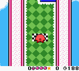Kirby appears as a small red-and-white sprite in the center of a vertical green diamond-pattern play area bordered by thick pink and white stripes on both sides and blue areas at top and bottom. The status bar at the bottom displays a score of 0, a count of 0 items, and the number 0168 in pixelated text against a black background. The sprite is rendered in the Game Boy's limited color palette.