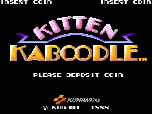 The title screen displays "KITTEN KABOODLE" in large yellow capital letters beneath a pink and purple stylized logo at the center of a black background. Purple lightning bolts flank the title text on both sides. Below the title, white text reads "PLEASE DEPOSIT COIN". The bottom of the screen shows the Konami logo in orange and white, followed by a copyright notice reading "© KONAMI 1988" in white pixel text.