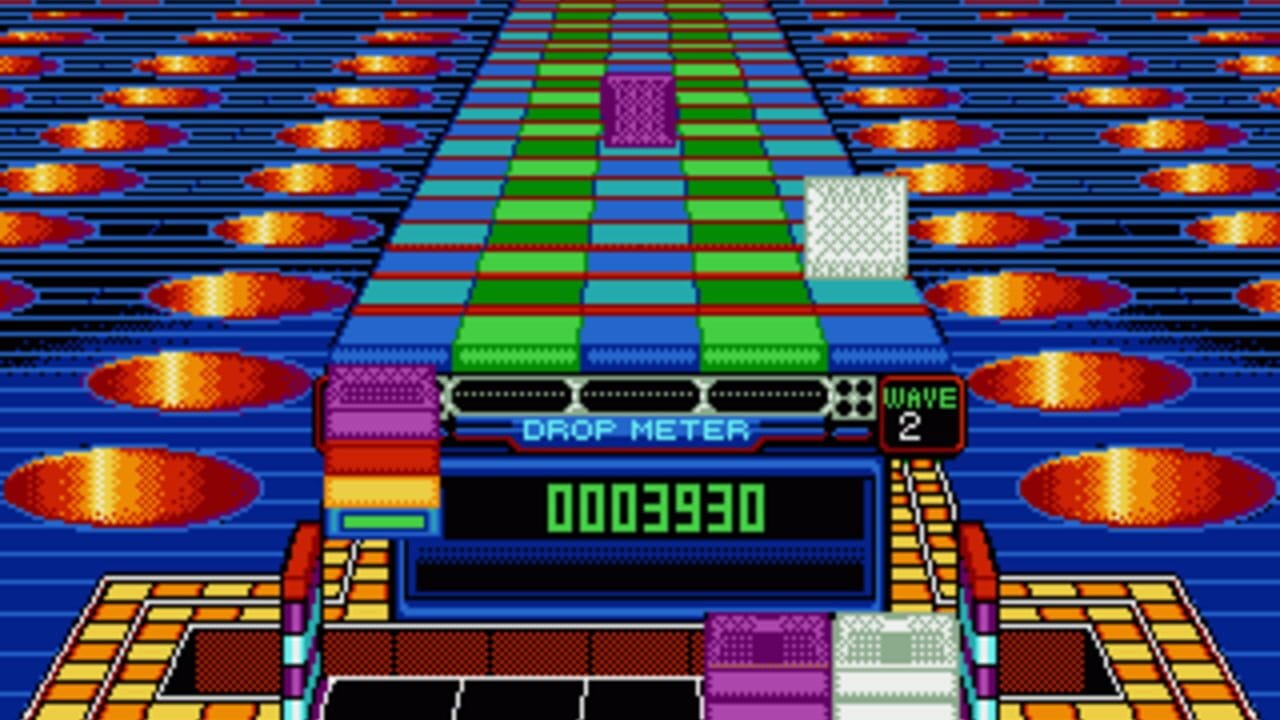 A 3D isometric puzzle board displays a checkered grid of colored tiles in green, blue, cyan, and red arranged in a checkerboard pattern. A drop meter interface labeled 'WAVE 2' shows a numeric score of 0003930 in green text on a black display. Decorative elements include purple and white patterned tiles on the board, orange and yellow ornamental panels at the bottom with geometric patterns, and orange glowing ellipses floating in the blue parallax background. The game's perspective uses bright primary colors with a scanline-textured background creating a retro arcade visual style.