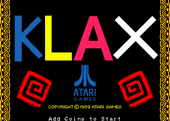 The title screen displays "KLAX" in large pixelated letters across the center, with the K in blue, L in yellow, A in magenta, and X in white. The Atari logo appears centered below the title in blue text. Red outlined square symbols flank the title on both sides. A decorative gold and black diamond pattern borders the left edge. At the bottom, white text reads "Add Coins to Start" with a copyright notice "COPYRIGHT 1989 ATARI GAMES" positioned below the Atari logo. The background is solid black.
