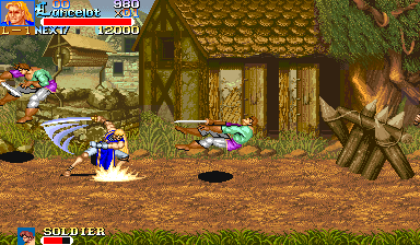 A blue-armored knight player character stands in the center of a forest scene with wooden structures and brown terrain. Enemy soldiers in red armor are positioned to the right and left sides. The HUD displays the player's health bar, score of 12000, and stage counter at the top left. Scattered colorful items and debris appear across the ground. The background shows wooden buildings with thatched roofs and tall trees in a parallax layer. A 'SOLDIER' label appears in the lower left corner.