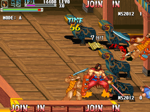 A warrior in red and gold clothing stands in the center of a wooden floor area, wielding a sword. A blue-armored enemy sprite is positioned to the right, with attack numbers visible above. The UI displays mode A in the upper left, a health bar, score of 14400, level 0, and time counter at 56. "JOIN IN" text appears multiple times across the screen in yellow and white. The art style features 16-bit sprite graphics with hand-drawn character animations and brown wooden texture background detail.