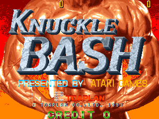 The title screen displays 'KNUCKLE BASH' in large blue and silver metallic lettering centered over a fiery orange and red background with flame effects. Below the title, white text reads 'PRESENTED BY ATARI' and 'TOAPLAN'. Additional smaller text indicates game credits and a copyright date of 1993. At the bottom left corner, green pixel-style text shows 'CREDIT 0'. The overall visual style features 16-bit arcade graphics with a warm color palette dominated by oranges, reds, and yellows creating an intense, flame-themed aesthetic.