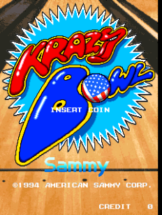 A blue bowling pin character with a red face occupies the center of the screen against a bright blue background framed by yellow spiky borders. The large red title logo 'Krazy' appears above the pin. Text at the bottom reads 'Sammy' and '©1994 American Sammy Corp.' with a 'CREDIT 0' indicator on the right. The wood-grain texture of the cabinet bezel is visible around the edges of the screen.
